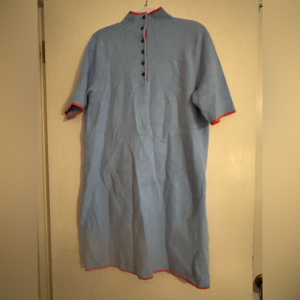Maeve Anthropologie Light Blue Mock-Neck Dress with Red Orange Accents - Picture 2 of 5